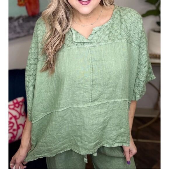 Marisima Linen Embroidered Split Neck Short Sleeve Blouse Green One Size - Picture 2 of 5